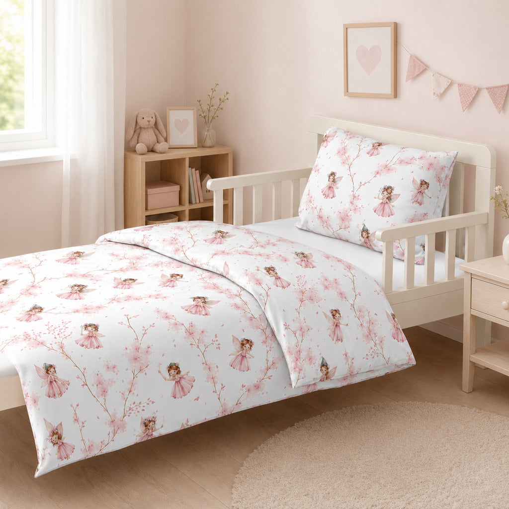 Pink fairy single bedding set for girls on a standard UK single bed, made from 100% OEKO-TEX® cotton.