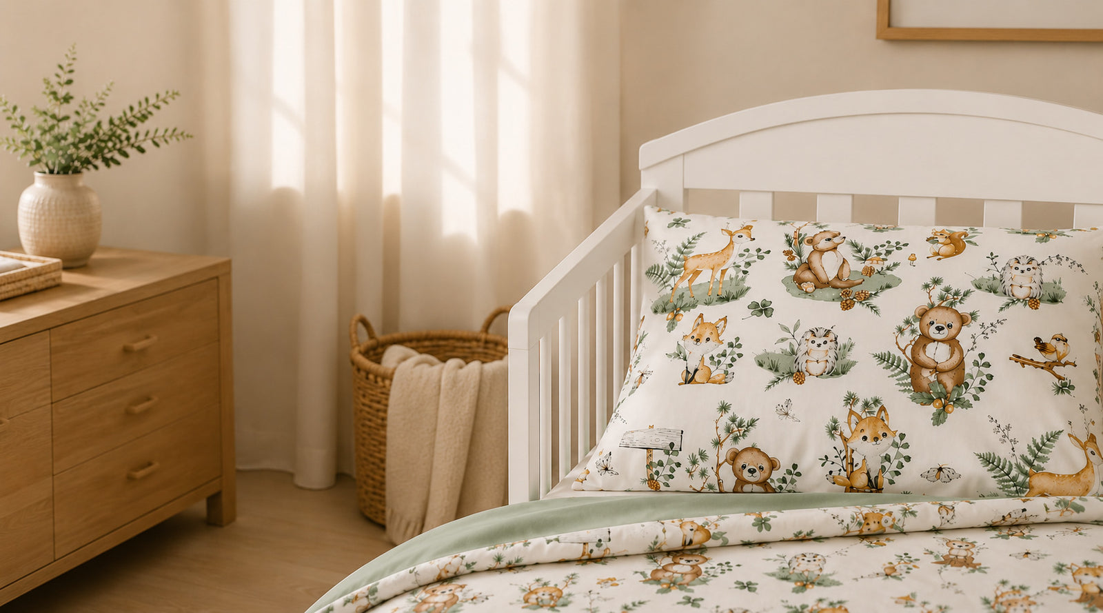 Neutral nursery interior with woodland animal baby bedding and soft cotton cot duvet set