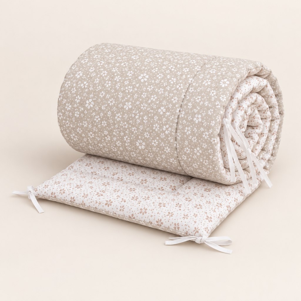Padded meadow floral cot bumper lying partly unrolled, showing the light beige floral outer, beige-on-white reverse and narrow white ties.