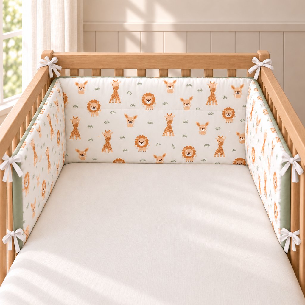 Beige safari animals space saver cot bumper with white ties, styled inside a wooden cot in a naturally lit nursery