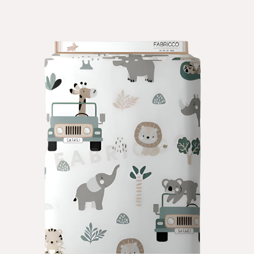 Safari Adventure sage green cotton fabric with jungle animals and jeeps for nursery sewing and children's projects . UK Fabric shop