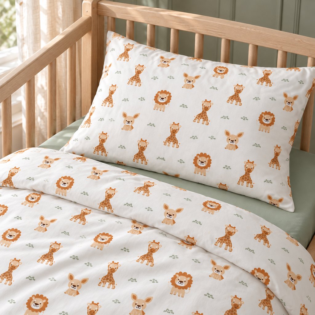 Close-up of the safari animal pillowcase and matching duvet cover, showing beige lions, brown giraffes and a plain sage green fitted sheet.