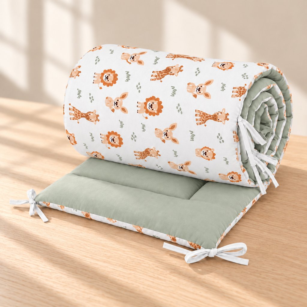 rolled beige safari cot bumper showing the animal print, sage green cotton reverse and white ties