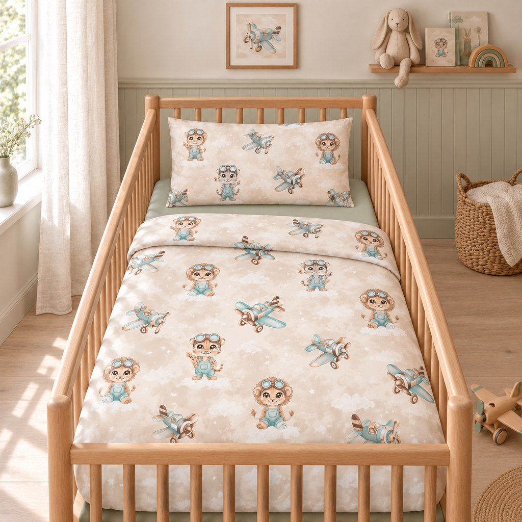 Safari Pilot duvet cover and pillowcase with mint aeroplanes and beige safari animals, styled in a wooden cot with a sage green fitted sheet.