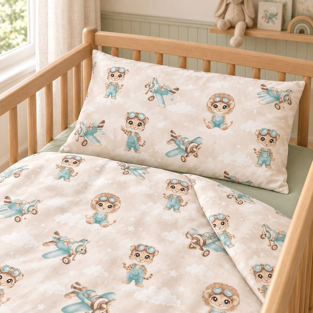 Close-up of Safari Pilot cotton pillowcase and folded duvet cover showing animal pilots, mint aeroplanes and matching print on both sides.