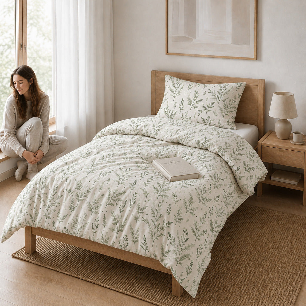 Sage green botanical single bedding set in Scandinavian teen bedroom with 100% cotton duvet cover Uk Fabricco Kids Bedding