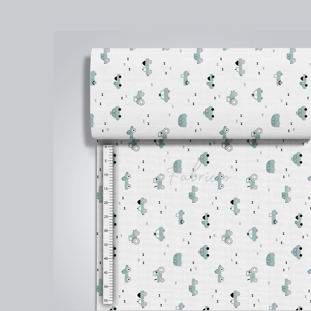 Sage Green Cars &amp; Tractors Cotton Fabric by the Metre | Fabricco UK
