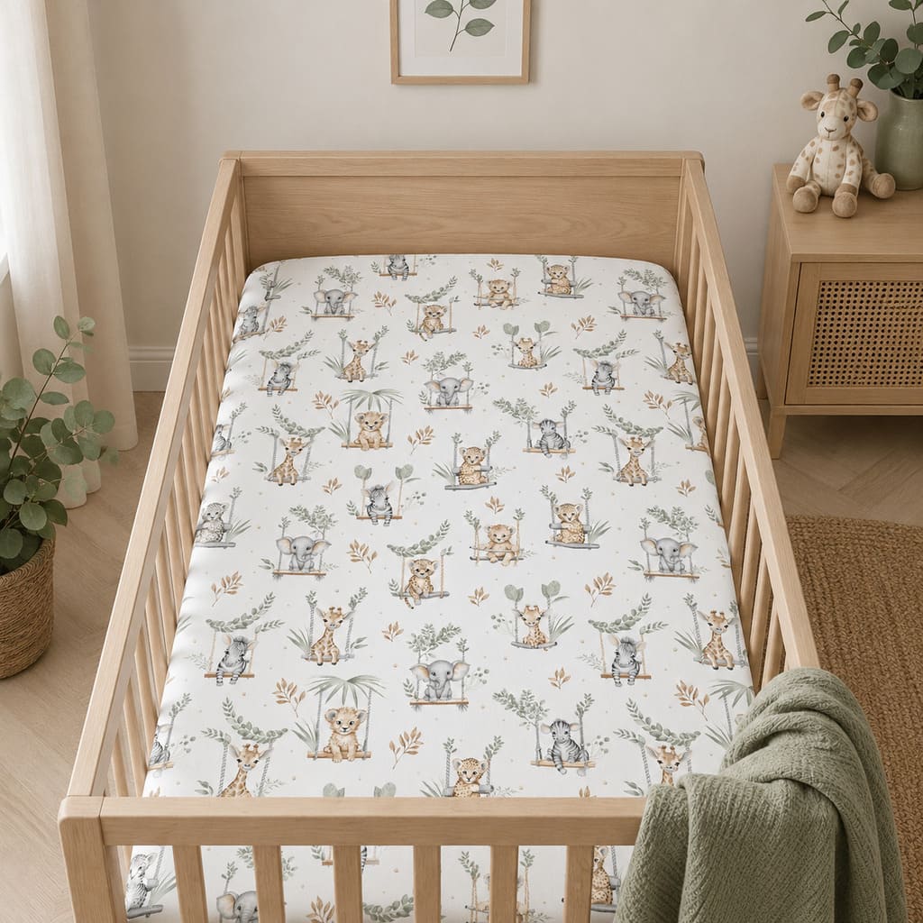 Sage safari baby fitted sheet styled in a natural wood cot with elephants, giraffes, zebras and big cats on swings