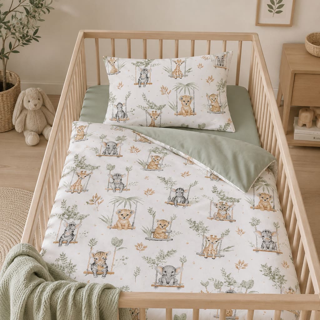 Sage safari cot bed duvet cover and pillowcase with soft animal print, handmade in the UK for toddler bedding