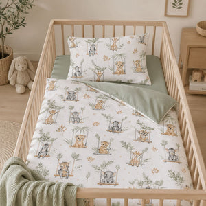 Sage safari cot bed duvet cover and pillowcase with soft animal print, handmade in the UK for toddler bedding
