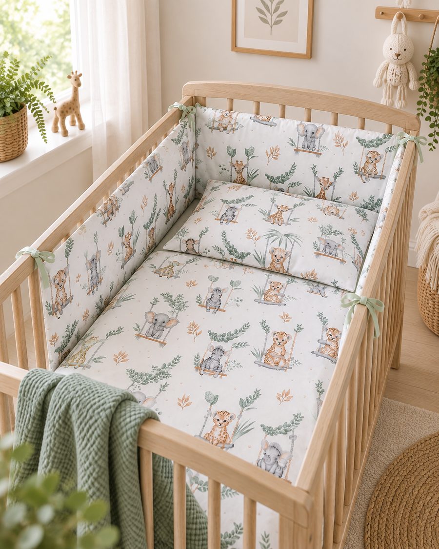 Sage safari cot and cot bed bedding set in a soft neutral nursery, made in the UK from OEKO-TEX cotton