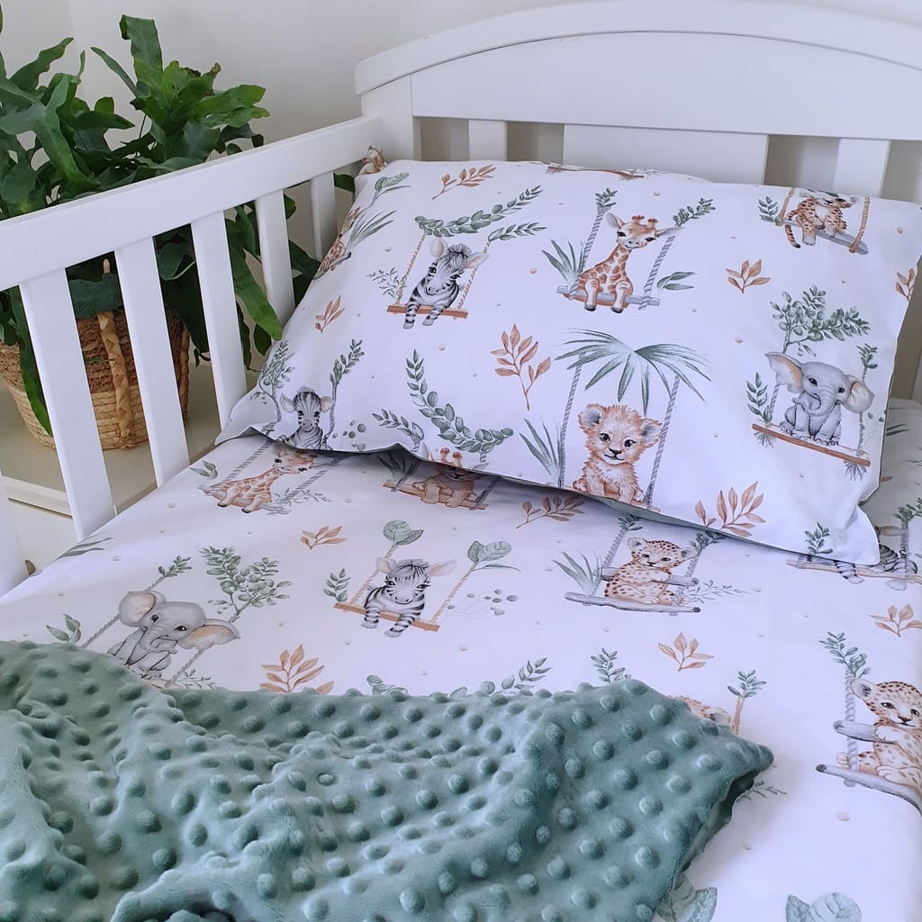 reversible cot bedding set, safari animal nursery, cot bedding with bumper, sage green nursery bedding, baby bedding for boys and girls.