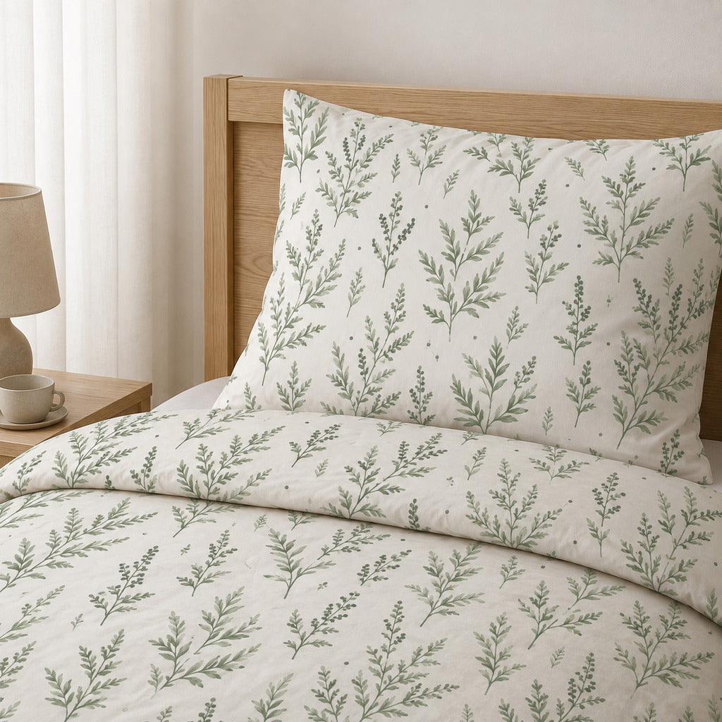 Sage green botanical single bed bedding set close-up with matching cotton pillowcase and duvet cover, Fabricco , Kids Bedding UK