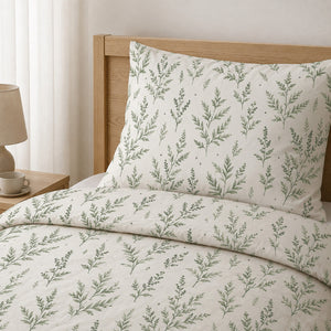Sage green botanical single bed bedding set close-up with matching cotton pillowcase and duvet cover, Fabricco , Kids Bedding UK