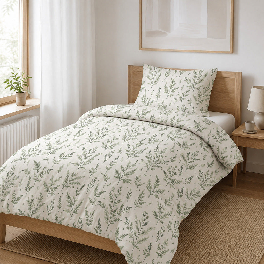Sage green botanical single bed bedding set in 100% cotton for UK children’s and teen bedroom . Fabricco UK