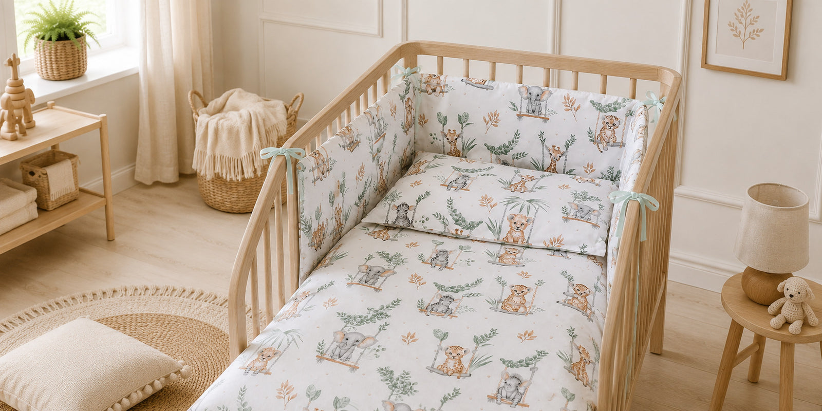 Sage safari cot and cot bed bedding set in a soft Scandinavian nursery, made in the UK from OEKO-TEX cotton