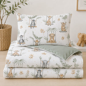 Sage safari cot and cot bed bedding set in a soft Scandinavian nursery, made in the UK from OEKO-TEX cotton