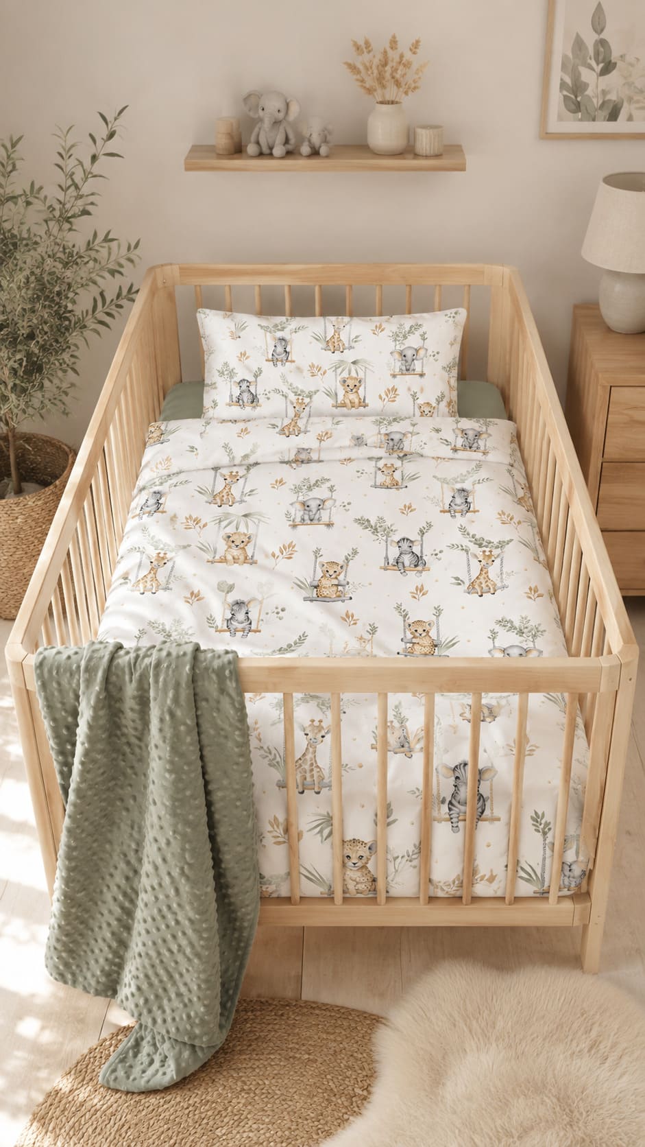 Sage safari cot and cot bed bedding set in a soft Scandinavian nursery, made in the UK from OEKO-TEX cotton , Fabricco baby shop uk