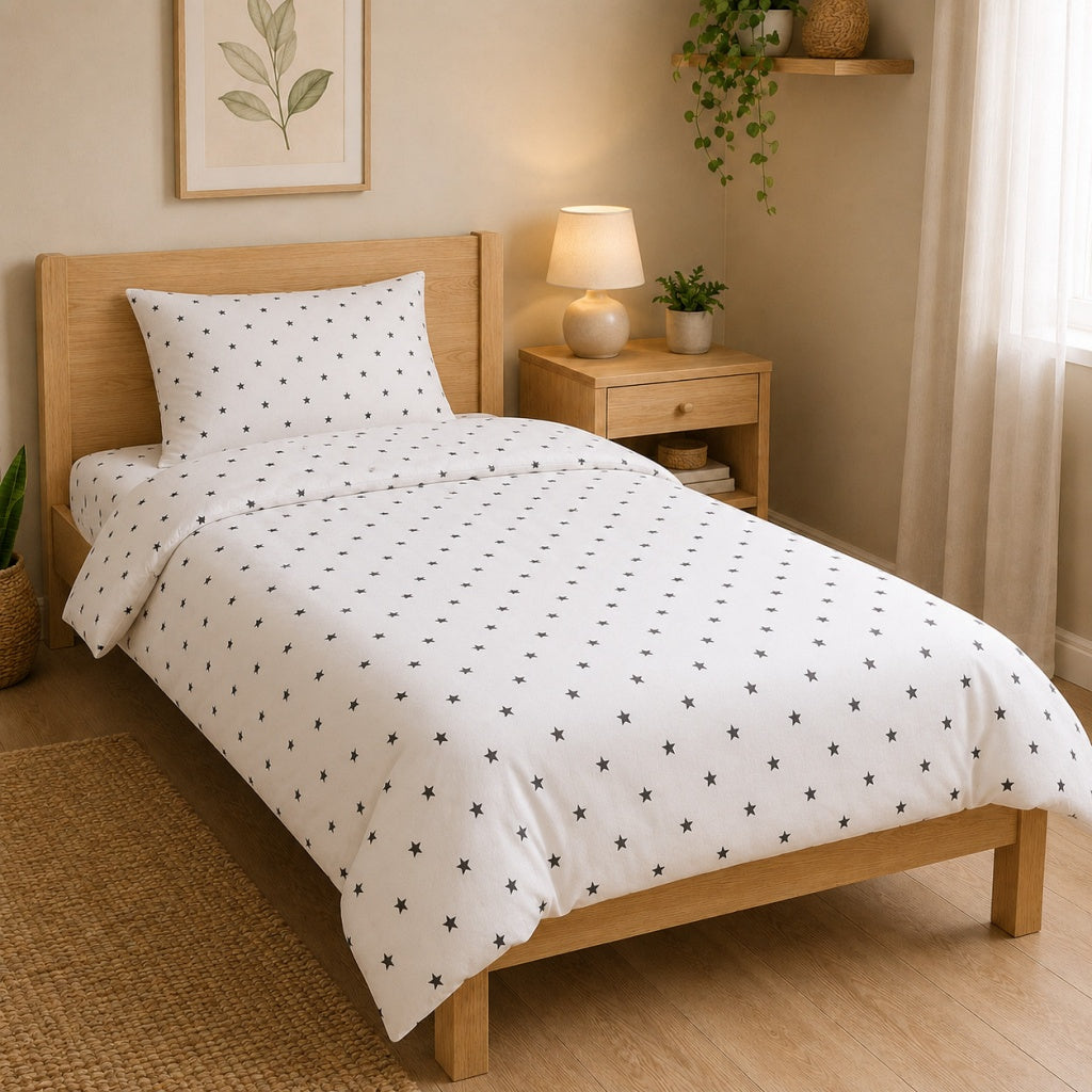 Single bed 3 piece bedding set with black star duvet cover, pillowcase and matching fitted sheet , UK Bedding