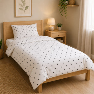 Single bed 3 piece bedding set with black star duvet cover, pillowcase and matching fitted sheet , UK Bedding