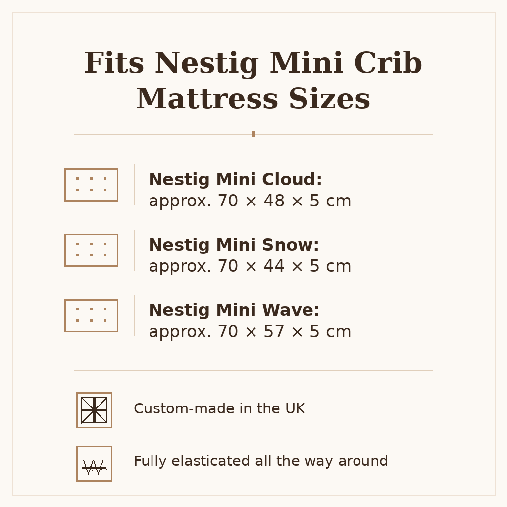 Nestig Mini Crib fitted sheet size guide for Snow, Wave and Cloud mattresses UK Fabricco