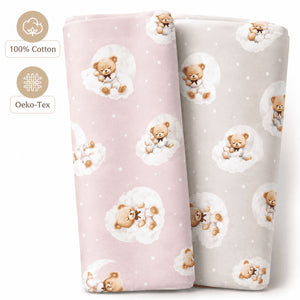 Sleepy teddy bear cotton fabric in soft pink and beige, Oeko-Tex 100% cotton nursery fabric for baby sewing projects in the UK.