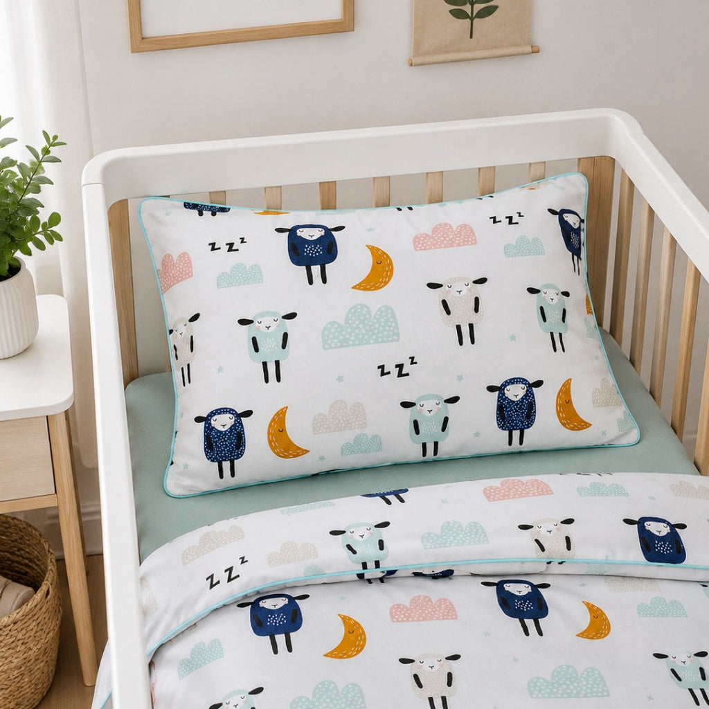 Fabricco baby shop UK, Soft Scandinavian baby bedding set with sleepy sheep print in a white cot bed, featuring pastel clouds and moon design in 100% cotton.