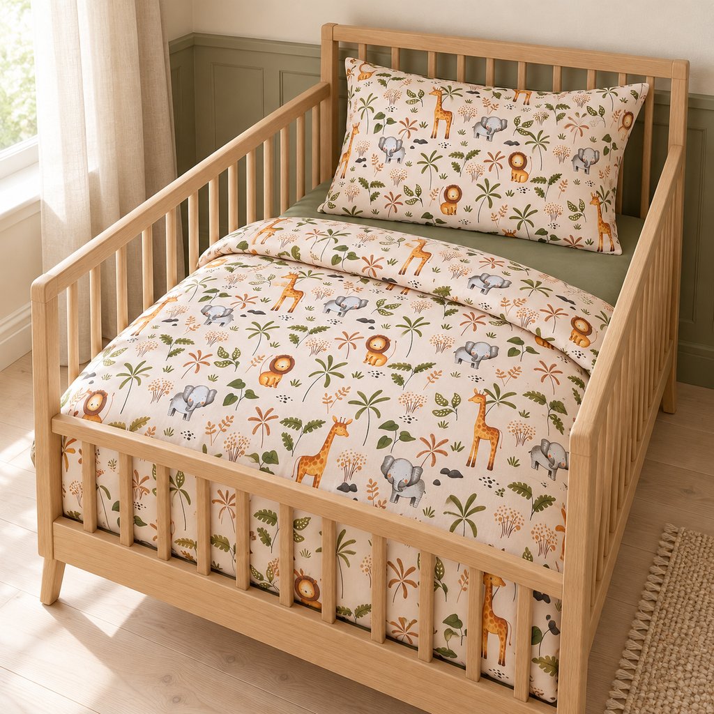 Sunny Safari duvet cover and matching pillowcase with elephants, lions, giraffes and olive green foliage on warm beige cotton, styled in an oak cot.