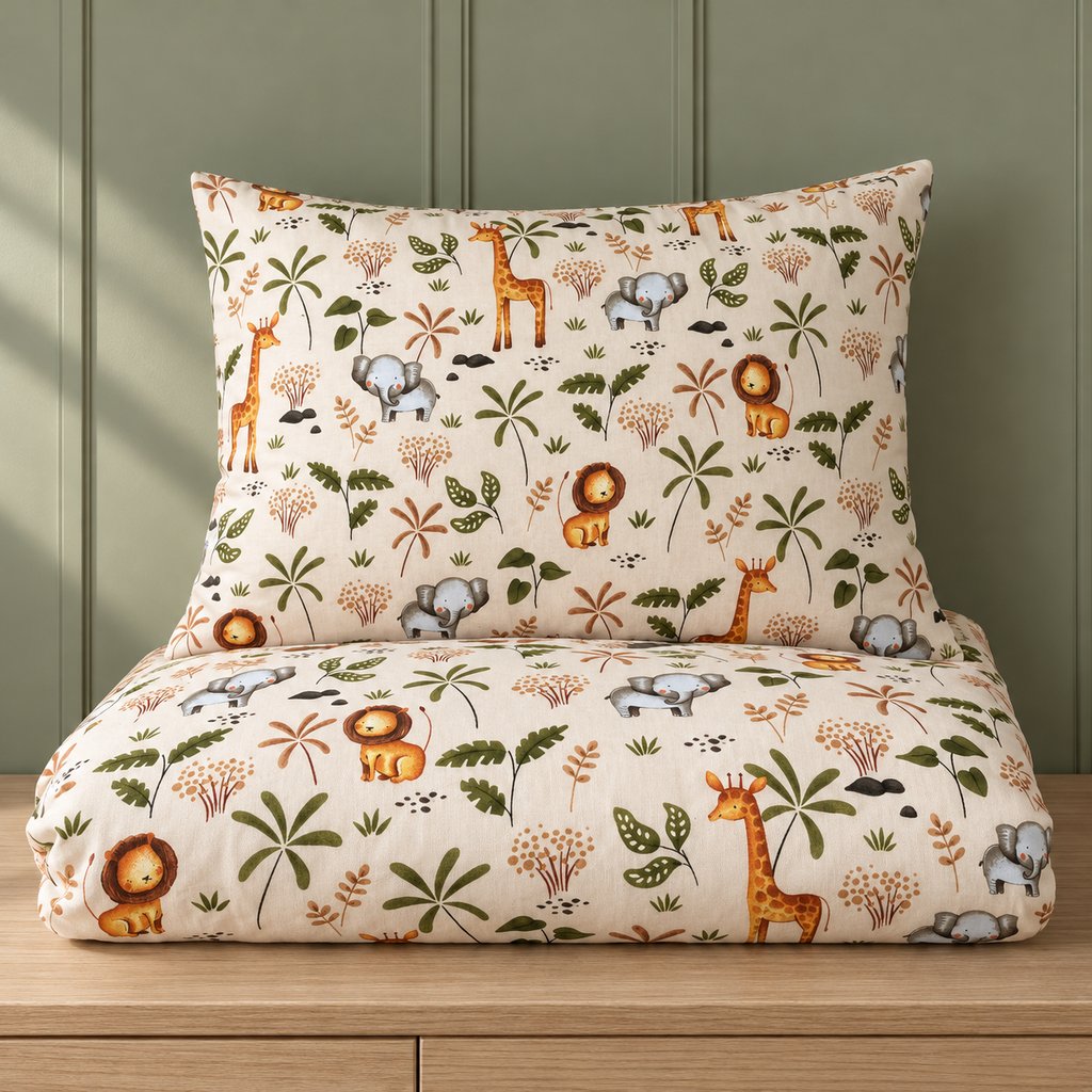 Sunny Safari duvet cover neatly folded beneath its matching pillowcase, showing grey elephants, golden-brown animals and green leaves on warm beige cotton.