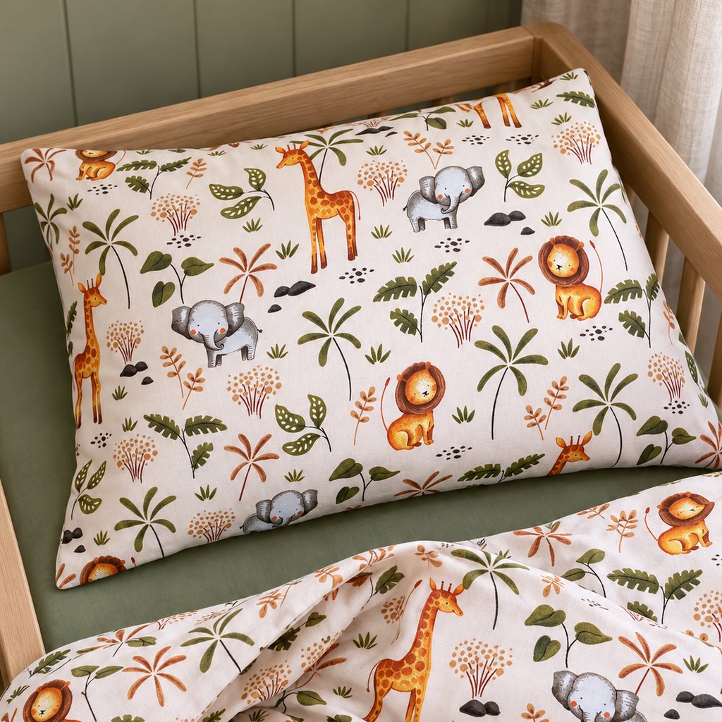Close-up of the Sunny Safari pillowcase and duvet cover, showing the warm beige animal print alongside a plain olive green fitted sheet.