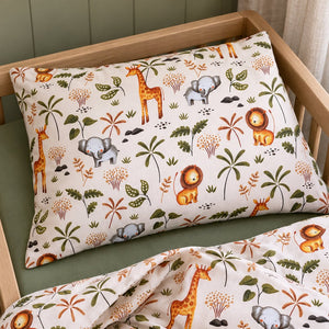 Close-up of the Sunny Safari pillowcase and duvet cover, showing the warm beige animal print alongside a plain olive green fitted sheet.