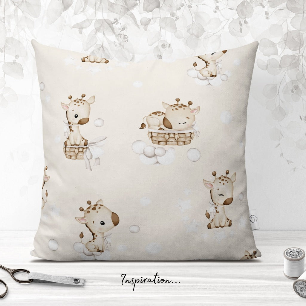 Sweet giraffe cotton fabric by the metre in beige nursery safari design