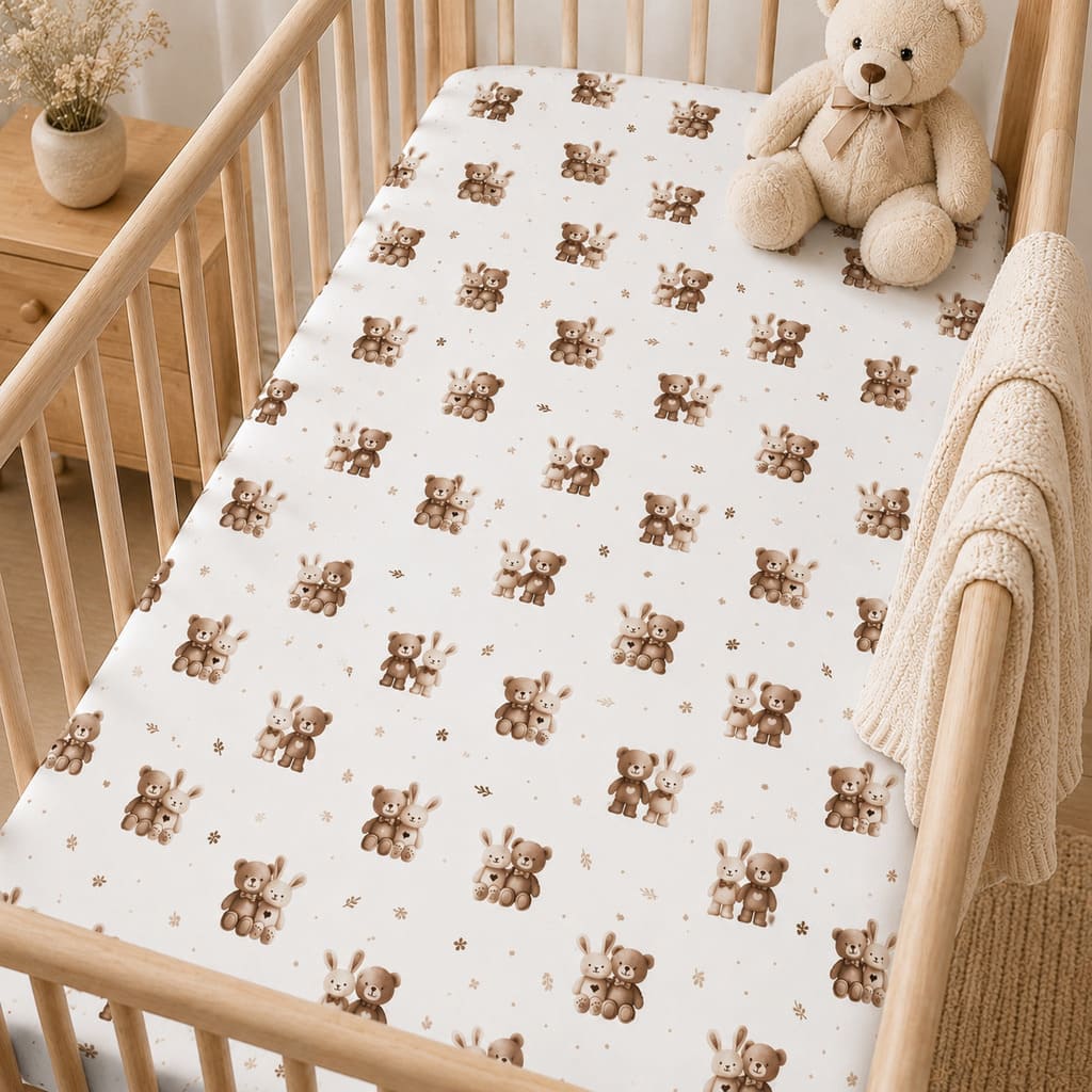Teddy bear and bunny cot fitted sheet styled in a light natural wood cot in a neutral Scandinavian nursery