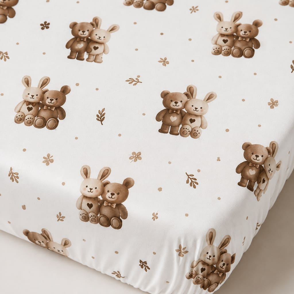 Close-up of white cotton baby fitted sheet with beige and brown teddy bears, bunnies and delicate leaf details