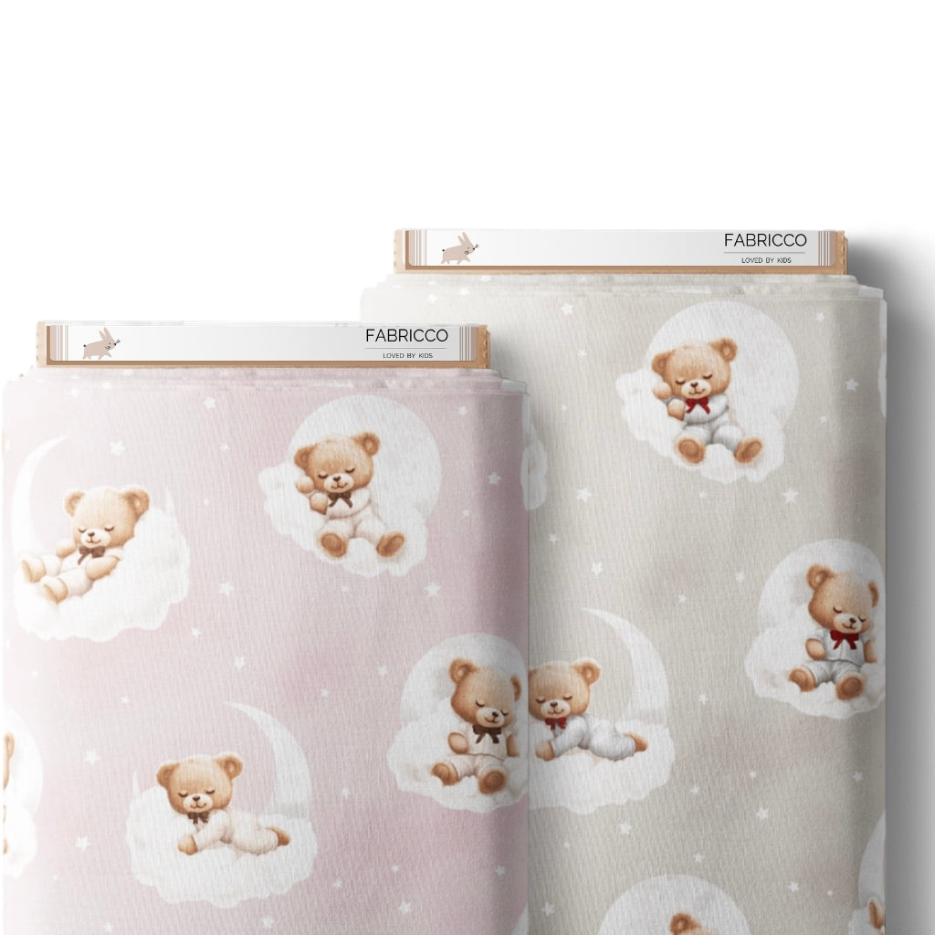 Teddy bear cotton fabric with clouds, moons and stars, soft breathable 100% cotton for nursery décor, quilting and baby craft projects. UK fabric shop