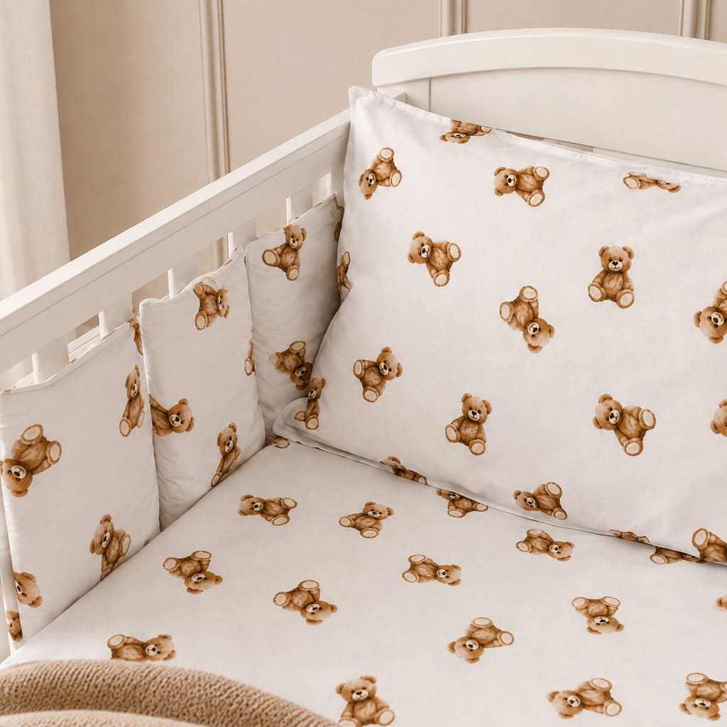 Close-up of brown teddy bear cot bedding with individual padded cot wraps showing the white cotton teddy bear print