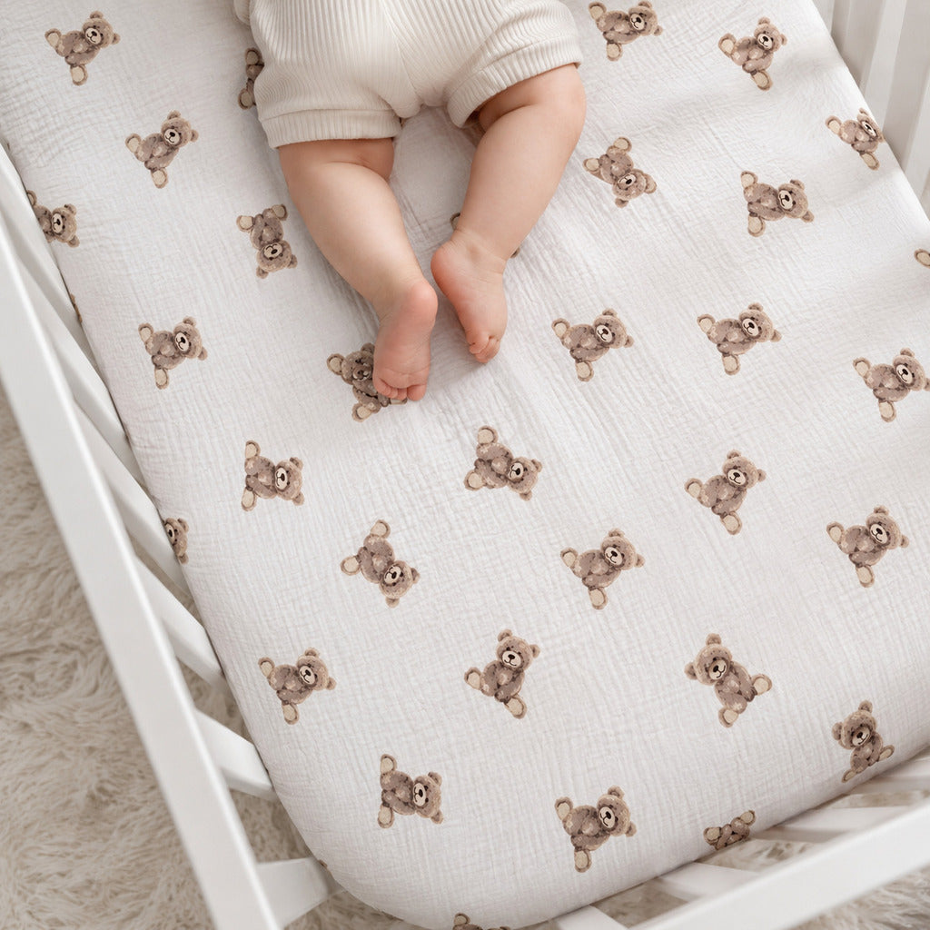 Teddy bear muslin double gauze baby fitted sheet handmade in the UK from OEKO-TEX certified cotton for cot and cot bed mattresses.Fabricco baby shop UK