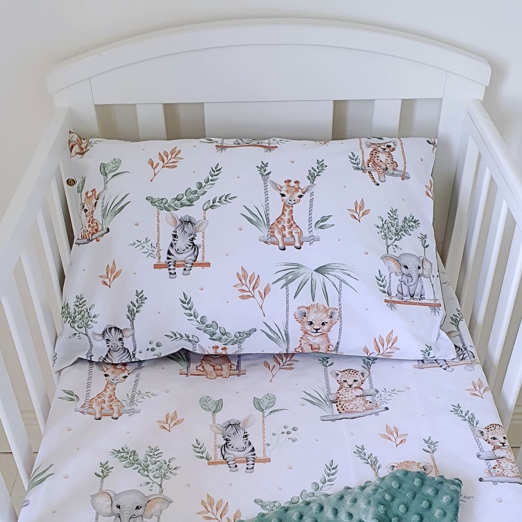 reversible cot bedding set, safari animal nursery, cot bedding with bumper, sage green nursery bedding, baby bedding for boys and girls.cot bumper
