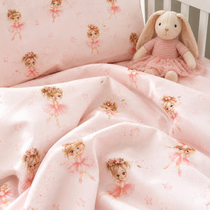 Toddler cot bed ballerina bedding set with pink ballet print duvet cover, pillowcase and plain fitted sheet