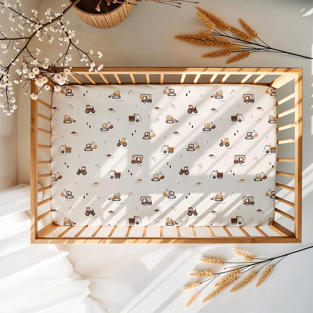 Neutral boys nursery fitted sheet with construction vehicles, fully elasticated cotton sheet for baby cot and crib