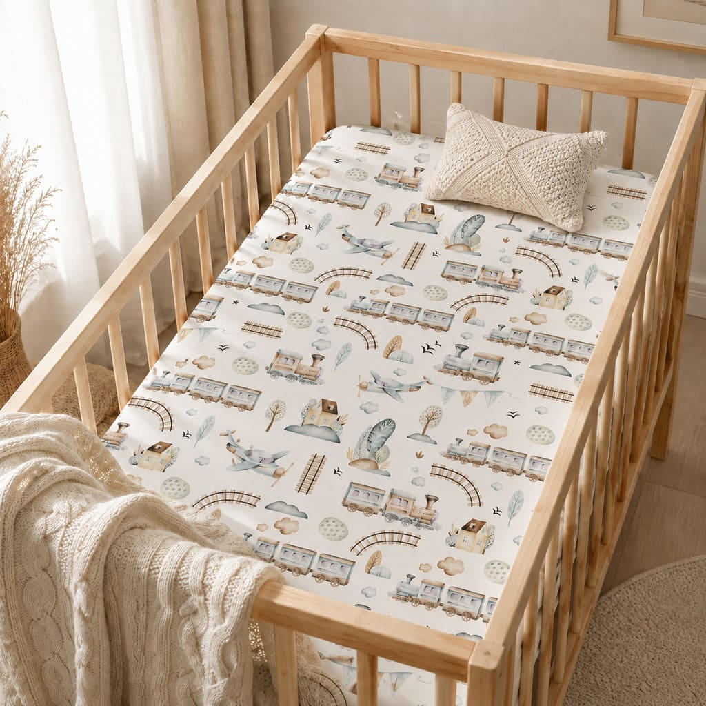 Close-up of baby fitted sheet with blue trains, aeroplanes, railway tracks, trees and clouds on soft cotton