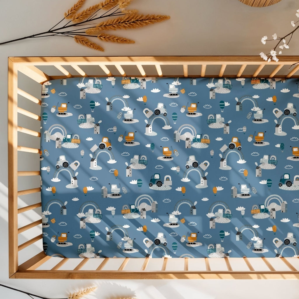 Transport Theme Baby Boy Fitted Sheet – 100% Cotton - Trucks, Tractors &amp; Diggers