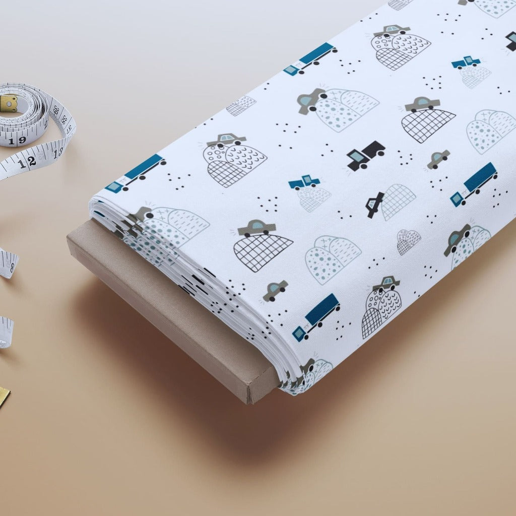 Children’s cotton fabric with teal and black vehicle print, boys transport fabric for quilting, patchwork, nursery decor, and DIY crafts, made in EU