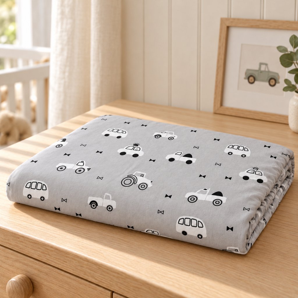 Folded light grey cotton baby fitted sheet with cars and tractors, displayed on a natural oak dresser in a Scandinavian nursery.