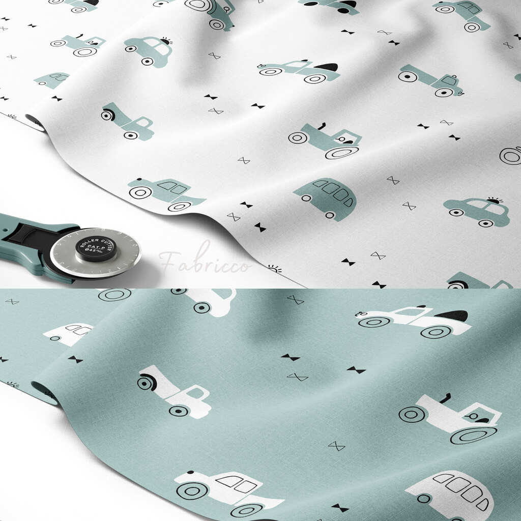 Vroom Vroom sage green cars and tractors cotton fabric by the metre from Fabricco UK for children’s sewing, bedding and craft projects. UK