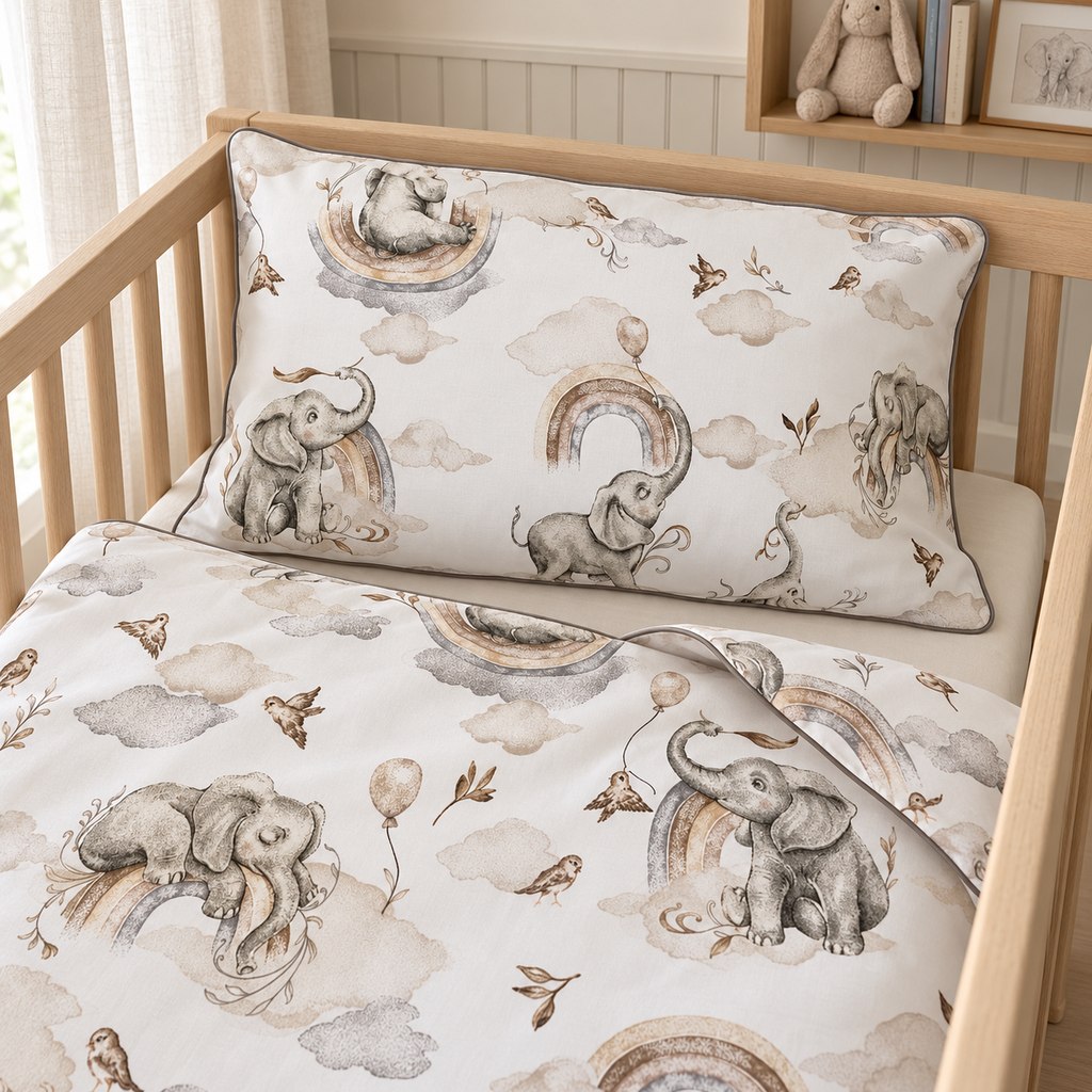 Close-up of a white cotton pillowcase with grey piping, featuring watercolour elephants, beige rainbows, clouds and little brown birds.