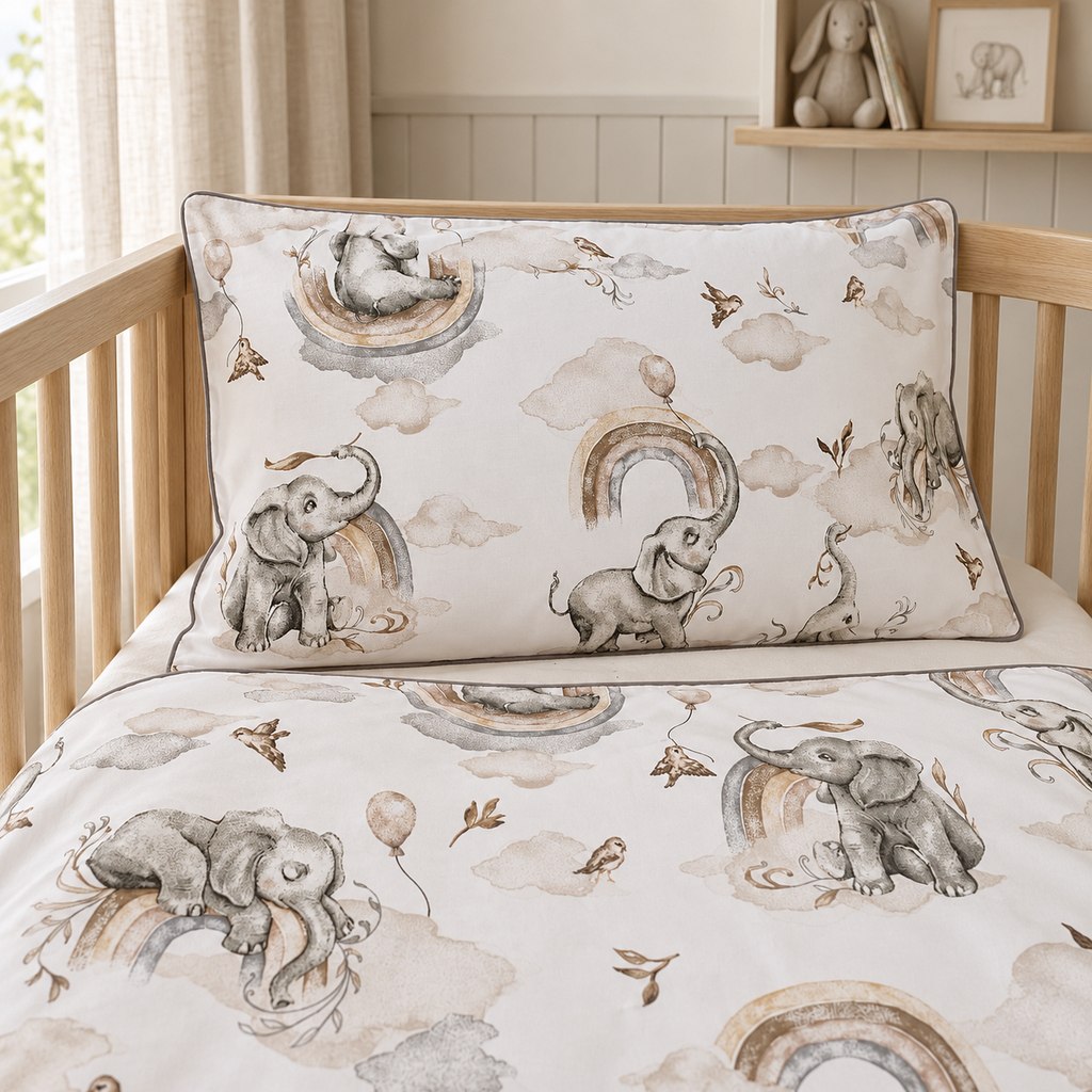  elephant cot duvet cover showing narrow grey piping and matching watercolour elephant, rainbow and cloud print on both sides.