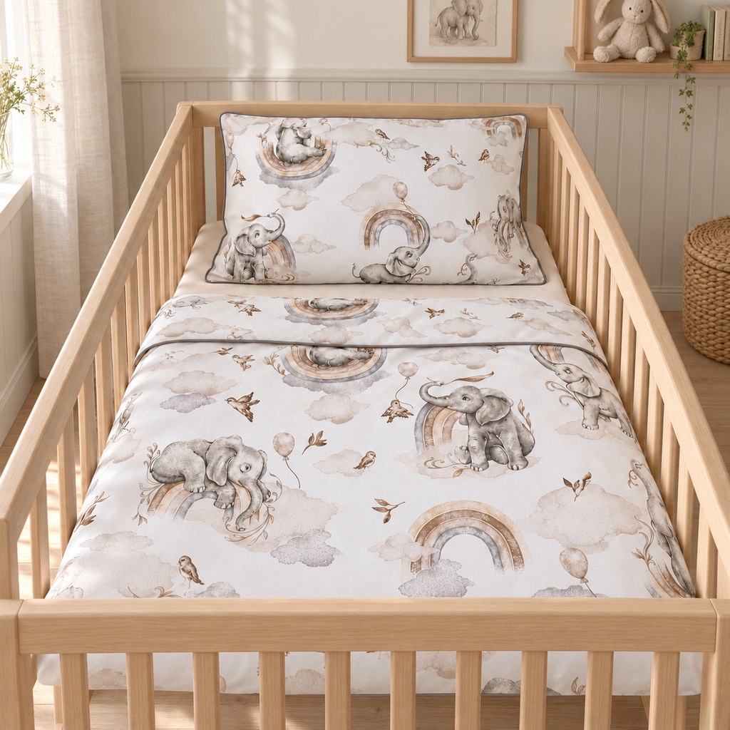 Watercolour elephant and rainbow cot bedding with grey piping, styled in a natural wooden cot in a neutral Scandinavian nursery.