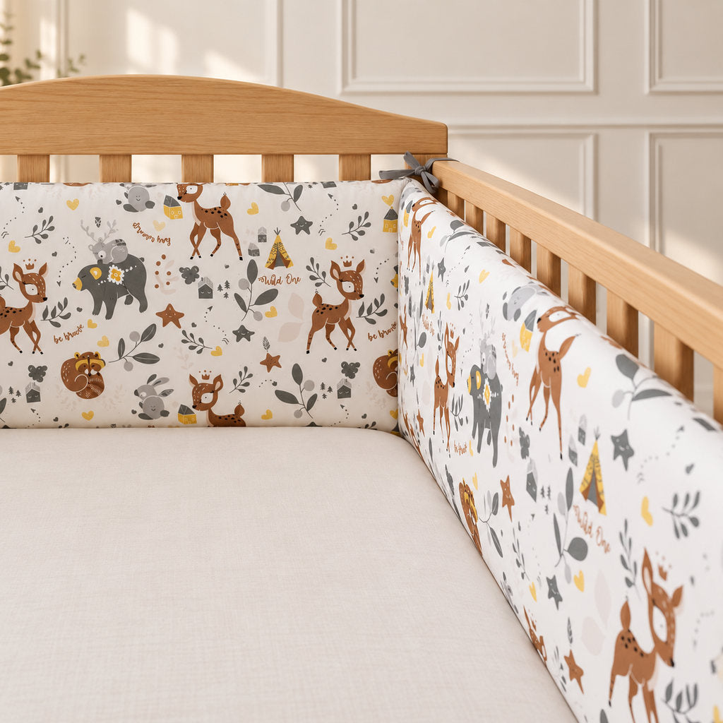 Close-up of woodland animals padded cot bumper with grey ties and three-panel construction for a UK 60 × 120 cm cot.