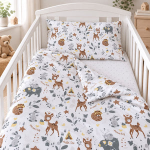 Close-up of woodland baby bedding fabric with deer, bear, bunny, stars and leaves on soft cotton